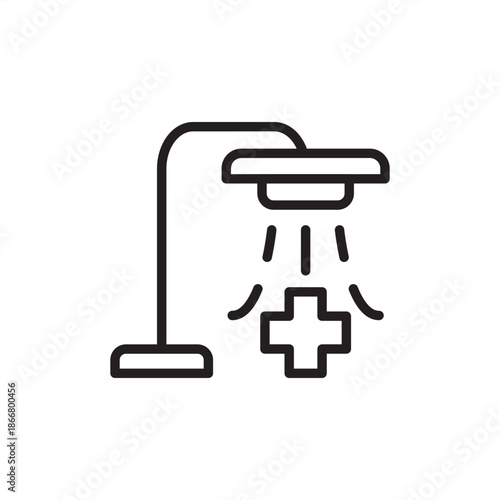 Industrial safety shower icon featuring a wall-mounted emergency deluge head with a medical cross symbol and water spray rays, representing rapid decontamination and workplace chemical safety.
