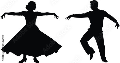 Ballroom dancing couple silhouette in elegant dance pose, man and woman choreography illustration on white background