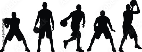 Basketball players silhouette collection in action poses with ball, sports athlete training, dribbling, defending and shooting illustration