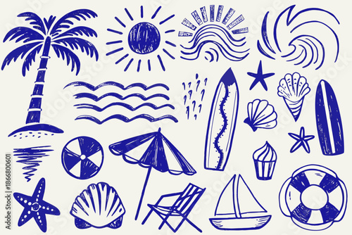 Hand drawn summer themed doodles featuring beach elements and tropical motifs