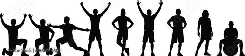 Collection of active people silhouette poses showing jump, victory, relaxation and fitness standing positions for lifestyle, motivation and sports design