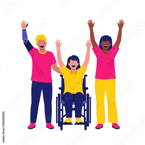 Group of diverse happy friends waving hands including man with prosthetic arm and woman in wheelchair for inclusivity concept vector illustration