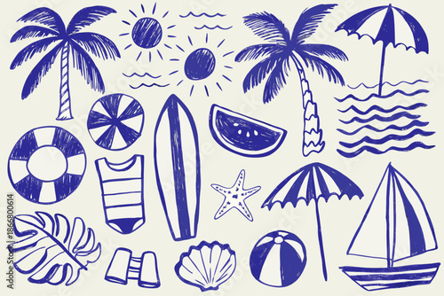 A charming blue sketch depicting various summer icons and beach essentials