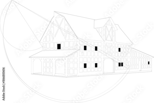 Barn-style building perspective drawing, architectural geometry, gabled roof structure, black and white design, minimal style, projection analysis illustration