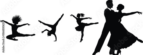 Collection of diverse dance silhouettes showing graceful ballet, acrobat and ballroom couple performance illustration for art, fitness and choreography design
