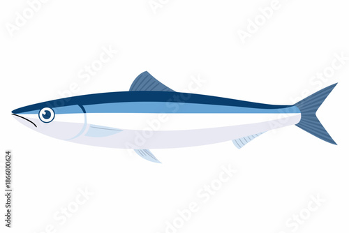 A simple illustration of a silver and blue fish on a white background