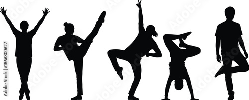 Collection of energetic dance silhouette poses of people performing modern street choreography illustration for movement, fitness, art and lifestyle design