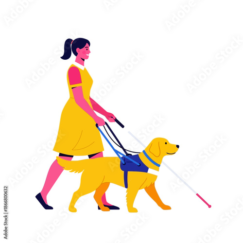 Young blind woman walking with cute golden retriever guide dog and white cane for independence and disability concept vector illustration