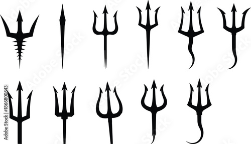 Collection of trident spear symbols and devil pitchfork icons in black silhouette fantasy mythology weapon illustration set