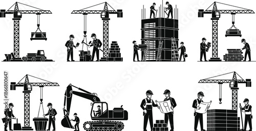Construction workers building high rise structure with cranes, heavy machinery and engineering plans, industrial construction site illustration in silhouette style