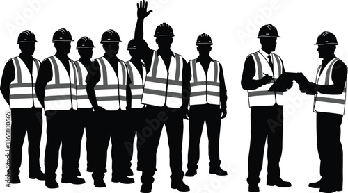 Construction workers team in safety vests and helmets standing together with supervisor discussing project inspection teamwork silhouette illustration concept