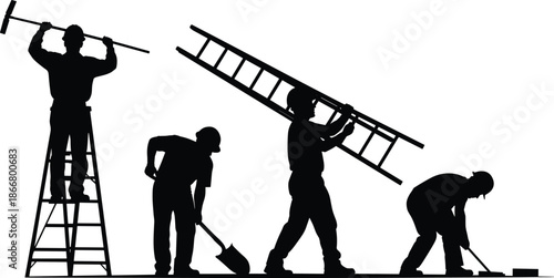 Construction workers performing different tasks with ladder shovel and tools silhouette representing labor teamwork building maintenance industry illustration concept