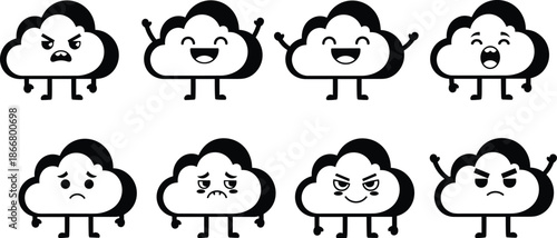 Cute cloud character faces showing happy angry sad and funny emotions, cartoon weather mascot expression illustration set for kids design