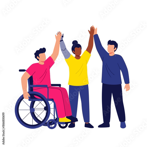 Diverse team of friends giving high five gesture together including woman with prosthetic arm and man in wheelchair vector illustration