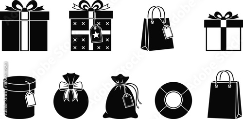 Gift boxes shopping bags and round present packages with bows and tags, festive holiday gift wrapping icon illustration set