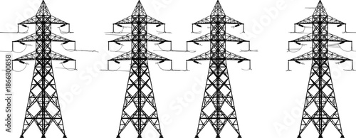 High voltage electricity transmission towers in a row silhouette illustration of power grid infrastructure energy distribution landscape concept