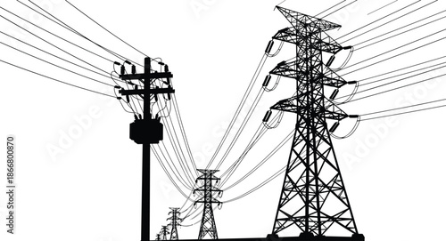 High voltage power transmission lines and utility poles silhouette illustrating electricity grid infrastructure energy distribution network landscape concept