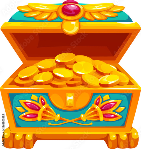 Egypt game icon asset of treasure chest. Cartoon vector ancient Egyptian treasure trunk overflowing with shiny gold coins, adventures game asset. Isolated fantasy quest bonus, wealth and reward