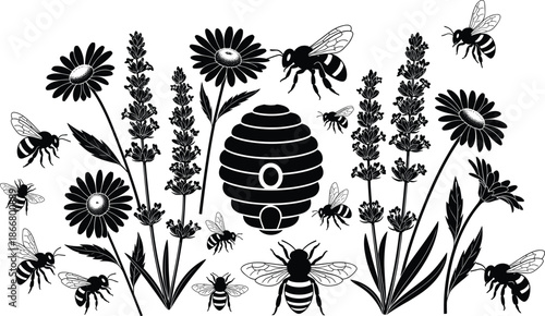 Honey bees and beehive with flowers silhouette collection pollination nature insect garden illustration vector set