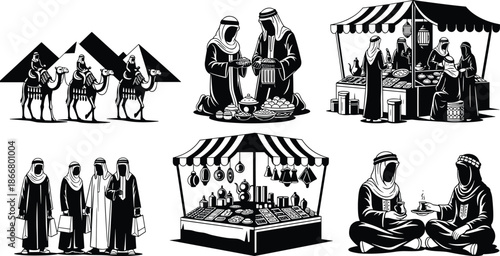 Middle Eastern people traveling with camels, shopping in traditional market, sharing food and tea in cultural lifestyle illustration