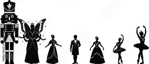Nutcracker ballet characters including soldier fairy princess prince and ballerina dancers, classical Christmas theater silhouette illustration set for holiday design