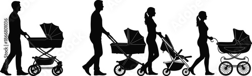Parents walking with baby stroller silhouette collection of mother and father pushing pram family lifestyle illustration vector set