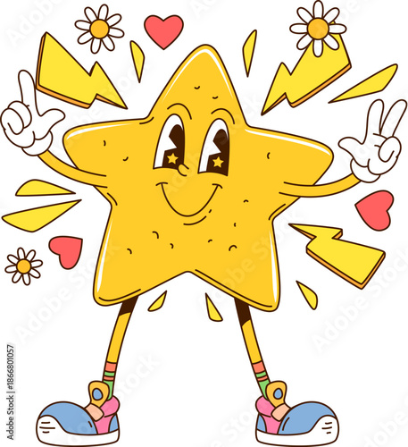 Cartoon retro groovy star vector character dancing, bursts with hearts and flashes, radiating joy and energy. Isolated vector retro jubilant twinkle personage spreading cheer and joyous holiday mood