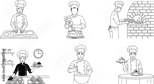 Professional pastry chefs preparing dough, decorating cakes, baking cupcakes and presenting desserts in bakery kitchen line art illustration