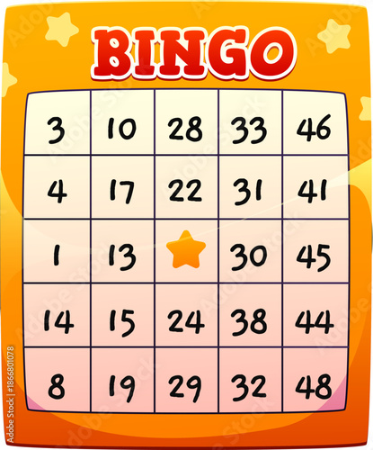 Cartoon gambling game bingo sheet for lottery rounds and casino promo. Rows and columns with black numerals grid and star icon. Vector bingo card with numbers for game activity and entertainment
