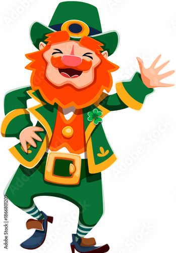 Funny leprechaun character, happy St Patrick day personage with a bright orange beard, green suit, and top hat, laughing with one hand raised in greeting represents Irish folklore, joy and festivities