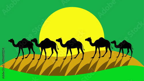Camels crossing desert at sunset
