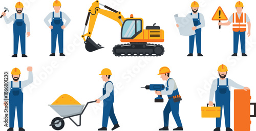 Construction Worker Vector Set Featuring Engineers with Tools Yellow Excavator and Builders in Hard Hats for Industrial Development and Site Safety Design
