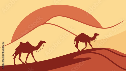 Camels crossing desert dunes