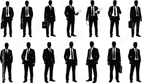 Set of Professional Businessman Silhouettes Wearing Formal Suits and Ties Carrying Briefcases and Documents for Corporate Business Marketing and Web Design