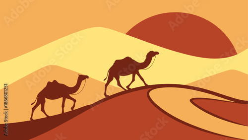 Camels crossing desert dunes