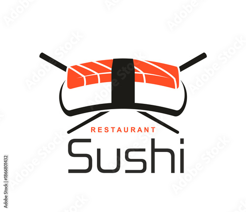Traditional salmon sushi emblem with salmon nigiri and crossed chopsticks in red and black design. Asian food vector icon with modern typography for sushi bar, Japanese restaurant, delivery service