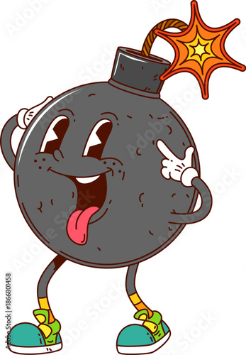Funky groovy bomb character with burning wick and y2k hippie vibes. Cartoon vector explosive weapon retro personage with expressive eyes and vintage sneakers, cheerfully smiles as its fuse ignites