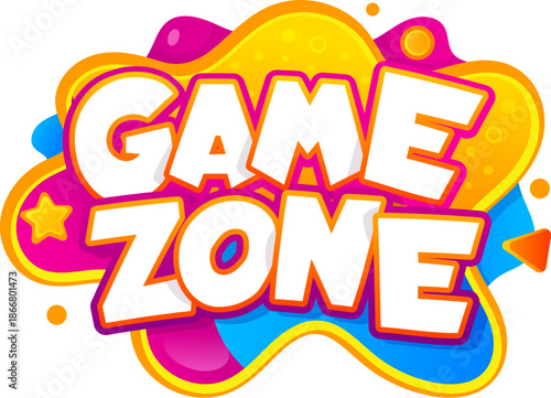 Kids game zone logo icon, childish playground area label banner. Funny kindergarten poster with bright color liquid shapes. Children party and birthday club sign with fun type text, star and circle