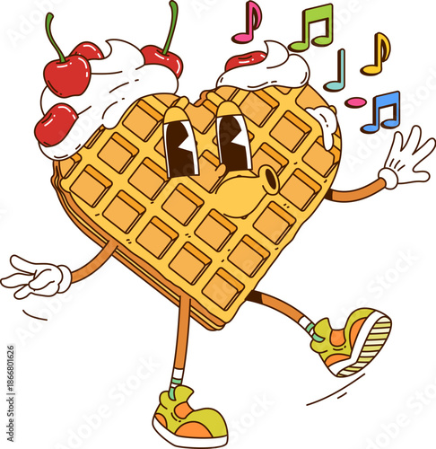 Retro cartoon cheerful groovy Belgian waffle vector character with whipped cream and cherry berries. Vector heart shaped wafer dessert or breakfast food y2k personage happily dancing with music notes