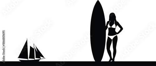 Female surfer standing with surfboard silhouette on beach summer ocean lifestyle tropical vacation minimalist black white vector illustration coastal scene
