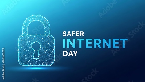 Safer internet day concept with glowing blue lock on gradient background