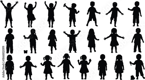 Children silhouette set, diverse poses and outfits, playful stances, black and white design, minimal style, posture and activity icons