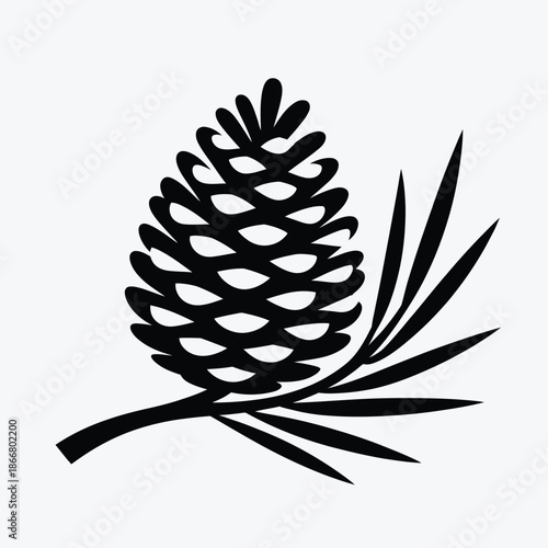 Simple black and white illustration of a pinecone with needles