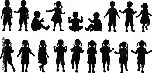 Children silhouette set, standing and walking poses, ponytail detail, black and white design, posture variation, minimal style, playful figures