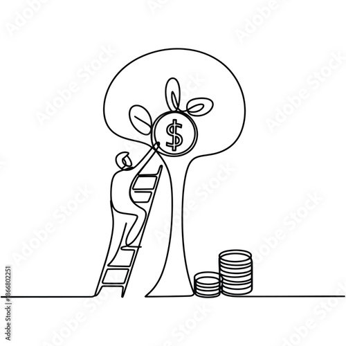 A person climbing a ladder toward a money bearing tree growth concept