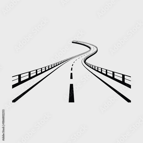 A winding road with guardrails stretches into the distance appearing abstract