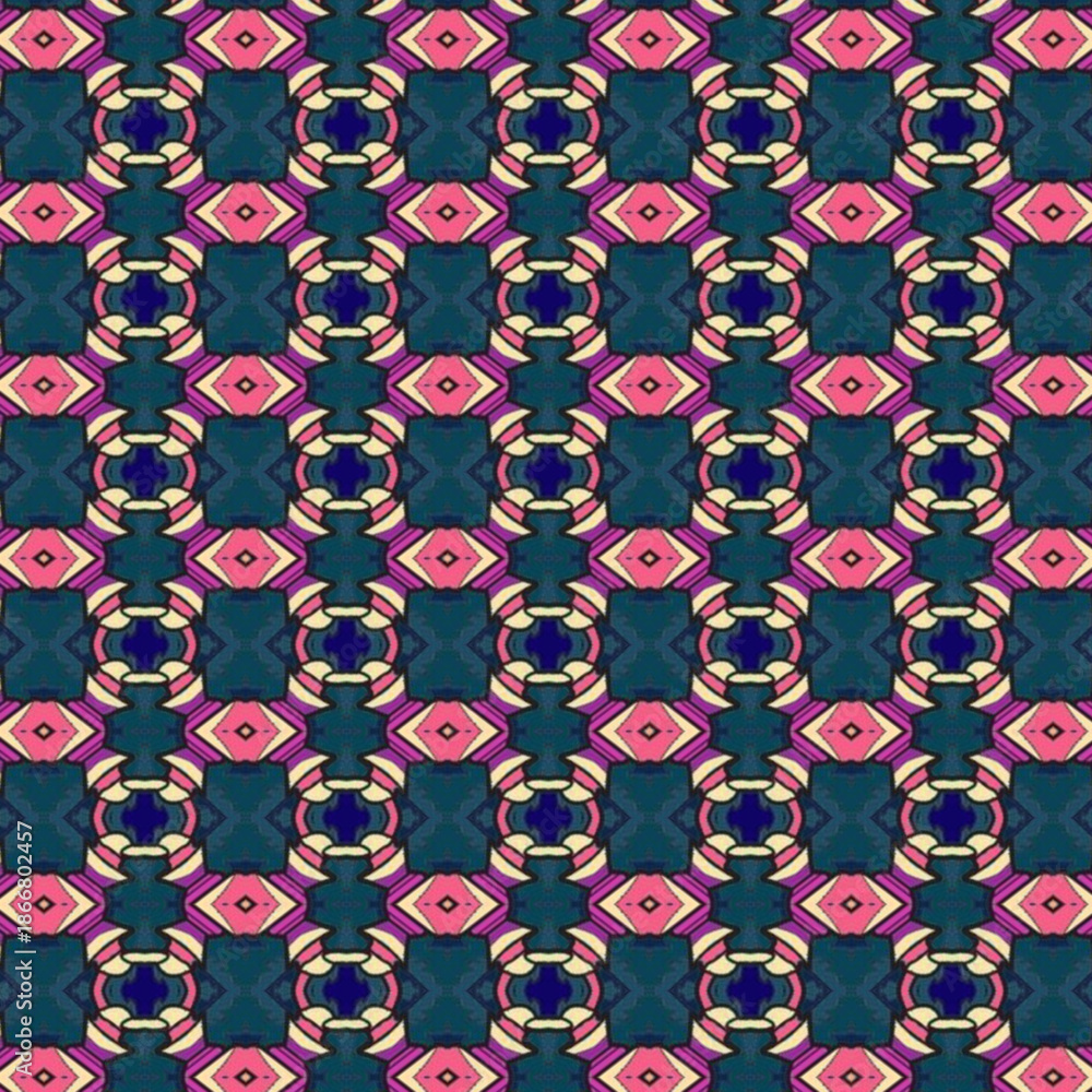 Obraz premium Seamless geometric abstract pattern with repeating shapes in pink and teal, decorative symmetry for background, textile design, wallpaper and abstract art.