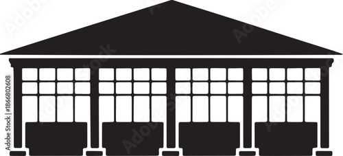 Large windowed pavilion silhouette icon with wide roof for public park or botanical garden use