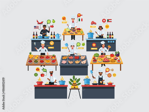 Busy Commercial Kitchen with Chefs Cooking.