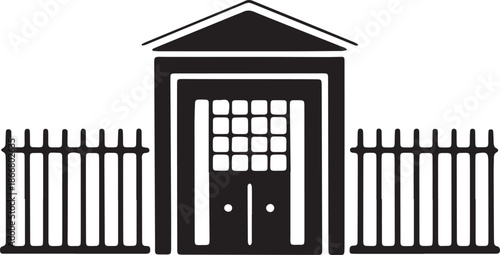Prison building with gate and fence jailhouse silhouette icon isolated on grid background